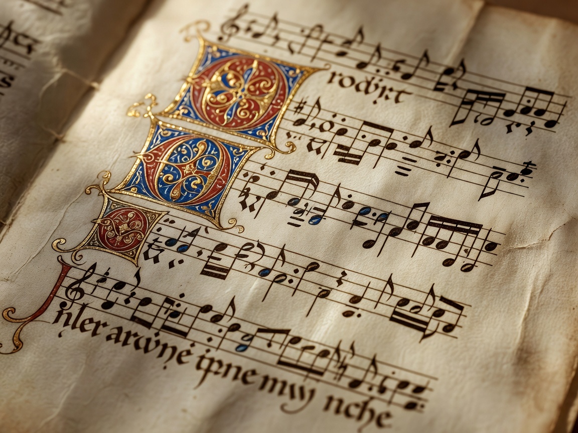 Macro detail of an illuminated choral manuscript with Latin text and neumatic notation
