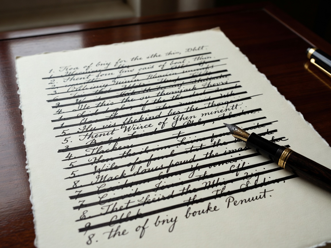 A handwritten track list on thick editorial paper, struck through with a fountain pen