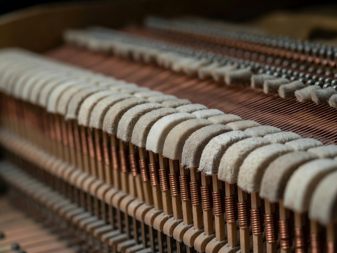 A shallow depth of field shot of felt piano hammers resting against copper-wound strings