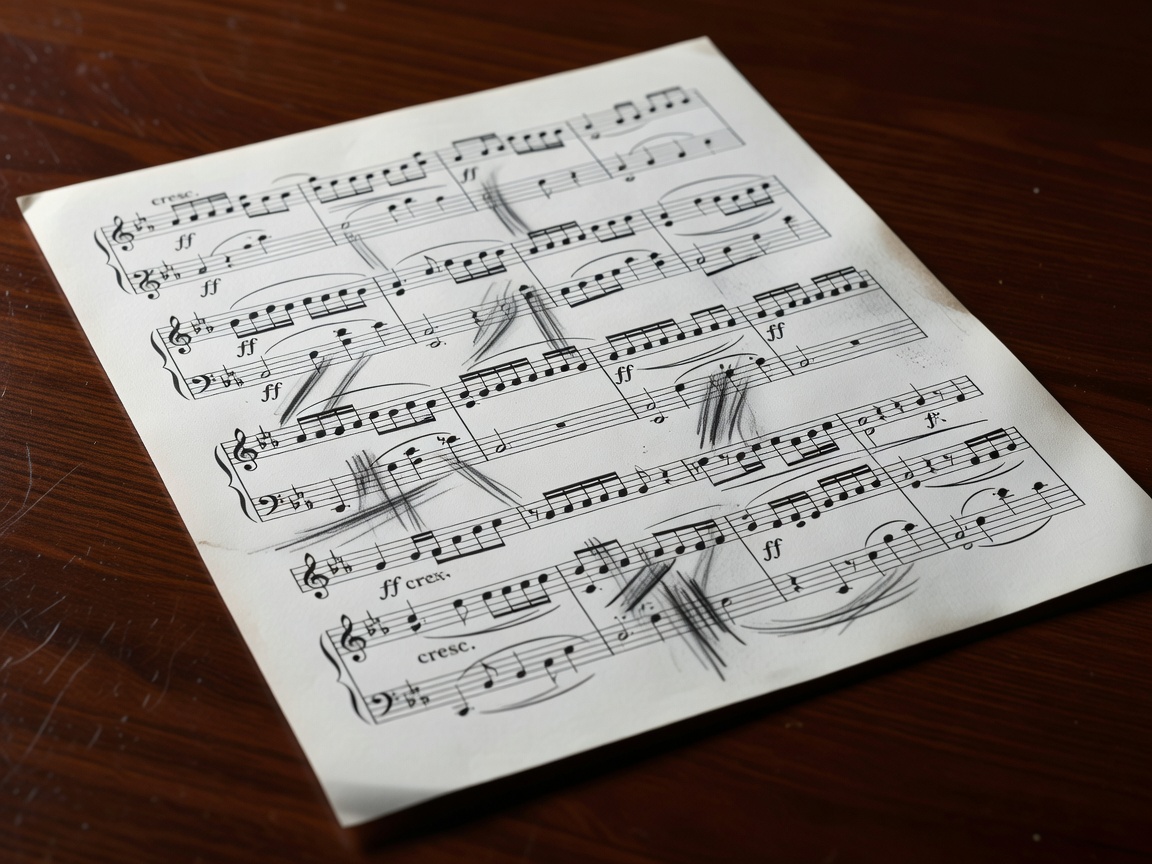 A close-up view of marked-up sheet music resting on a dark wood surface
